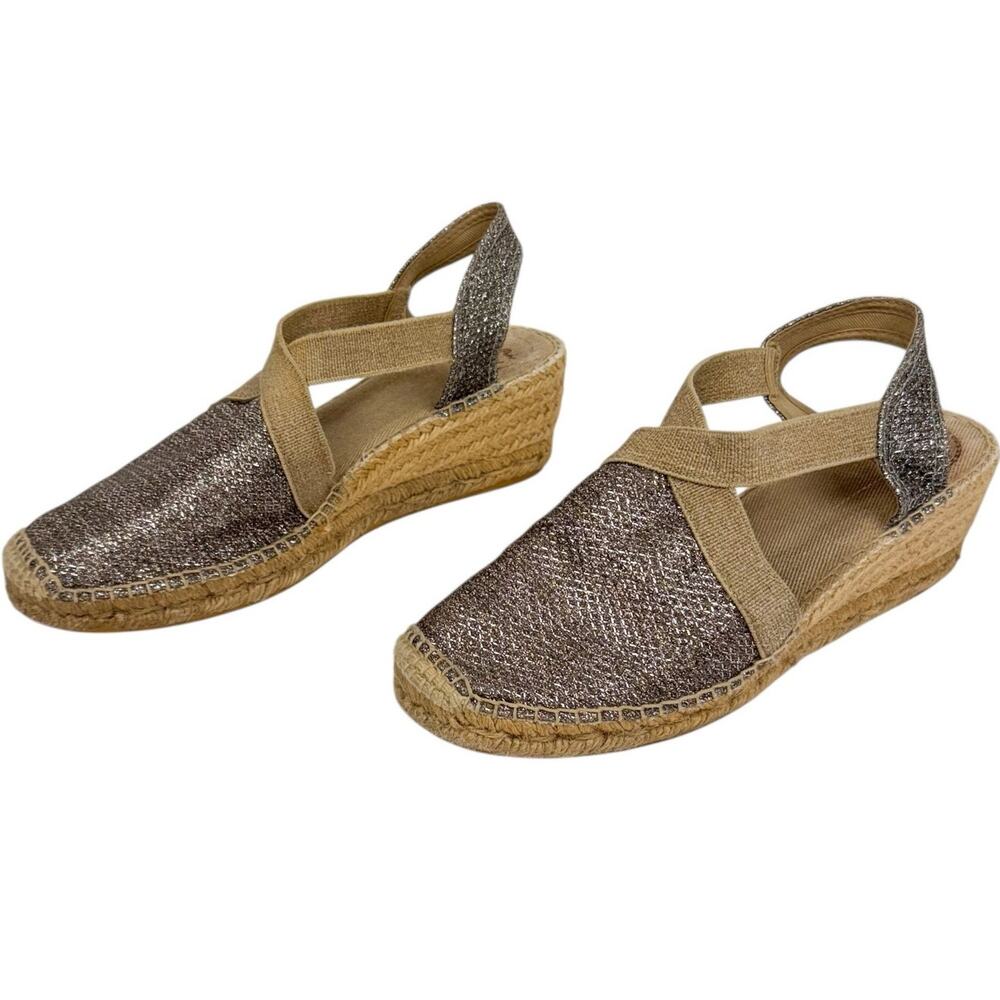 Metallic Brown Wedge Espadrille Sandals with Cross Elastic Straps